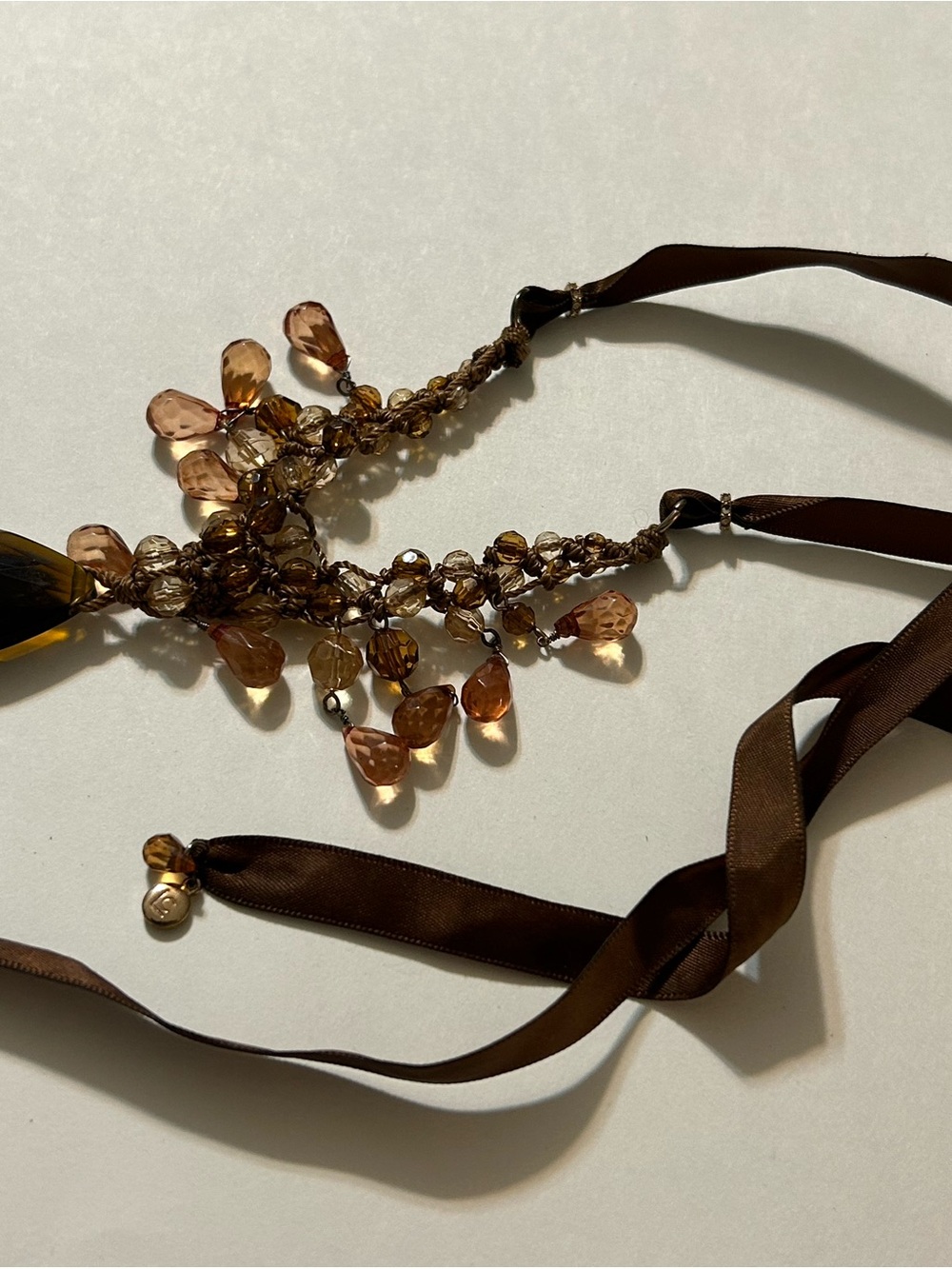 Vintage Liz Claiborne Amber Topaz Glass Teardrop Crocheted Ribbon Necklace